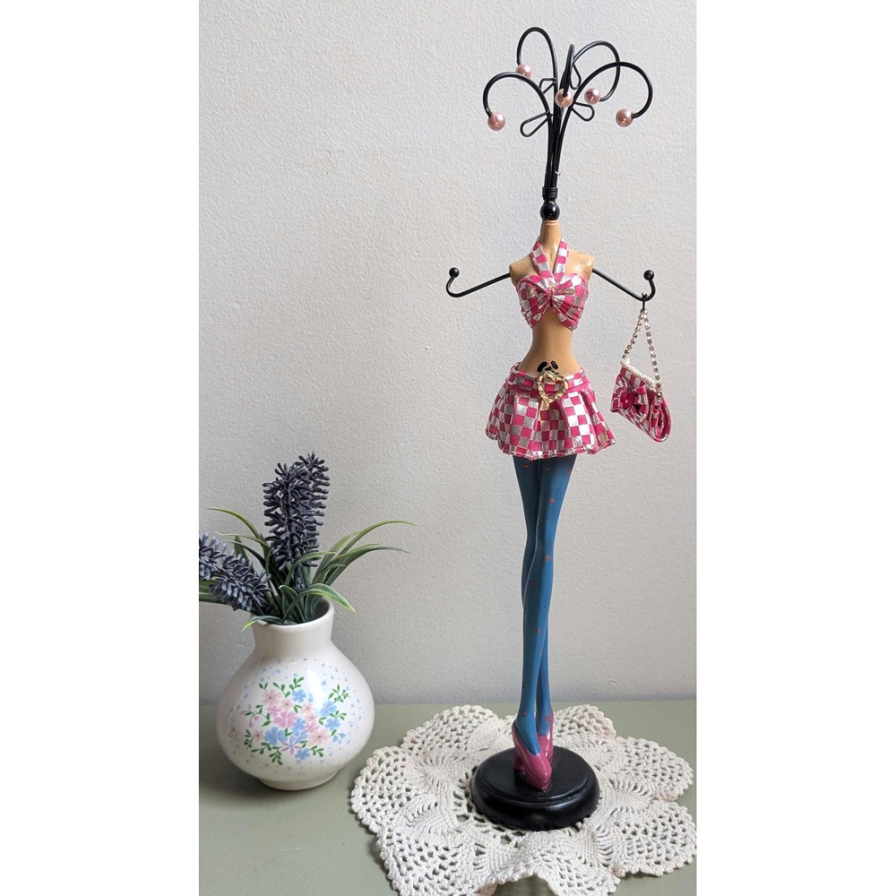 Y2K Fashion Mannequin Jewelry Holder Pink Checkered Dress Purse 15" Decor